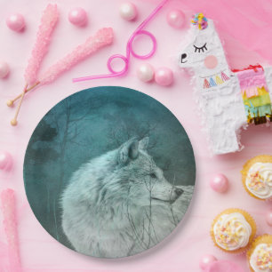 Assiettes En Carton Beau loup gris dans une forêt foncée