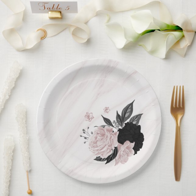 Assiettes En Carton Beau marbre noir & rose fleurs (Mariage)
