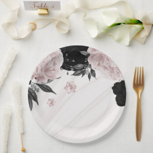 Assiettes En Carton Beau marbre noir & rose fleurs