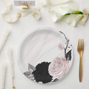 Assiettes En Carton Beau marbre noir & rose fleurs