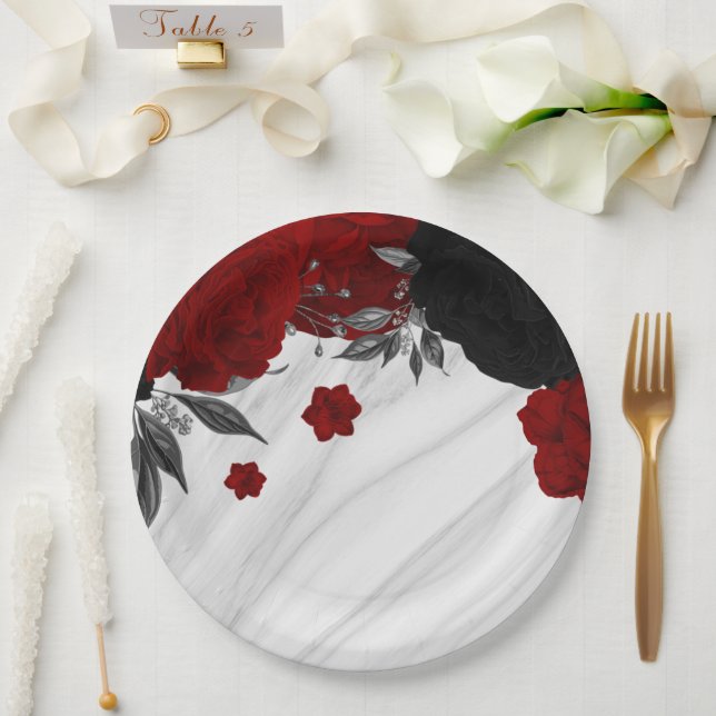 Assiettes En Carton Beau marbre noir & rouge fleurs (Mariage)