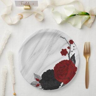 Assiettes En Carton Beau marbre noir & rouge fleurs