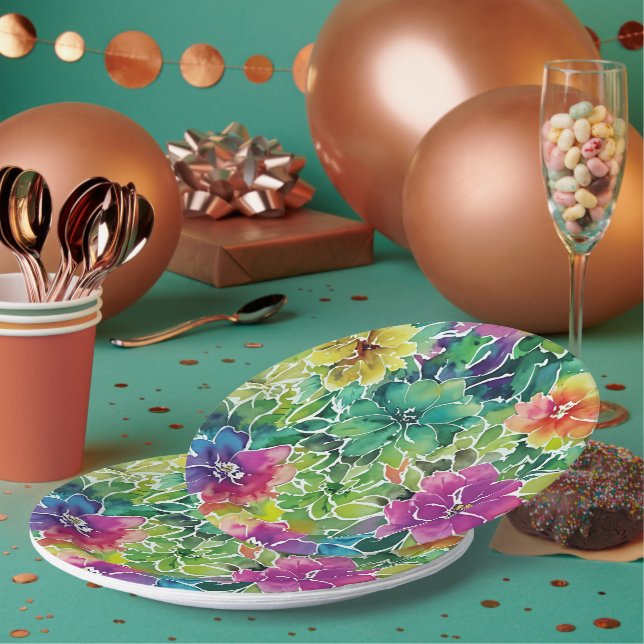 Assiettes En Carton Beau Motif de fleurs d'aquarelle (Multi)