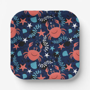 Assiettes En Carton Beau motif de mer avec crabes.