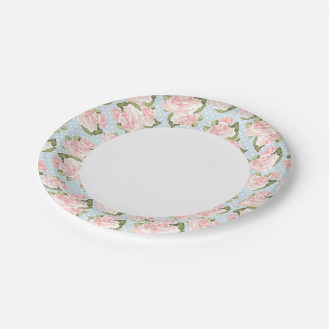 Assiettes En Carton Beau motif rose aux pois bleus (Angle)