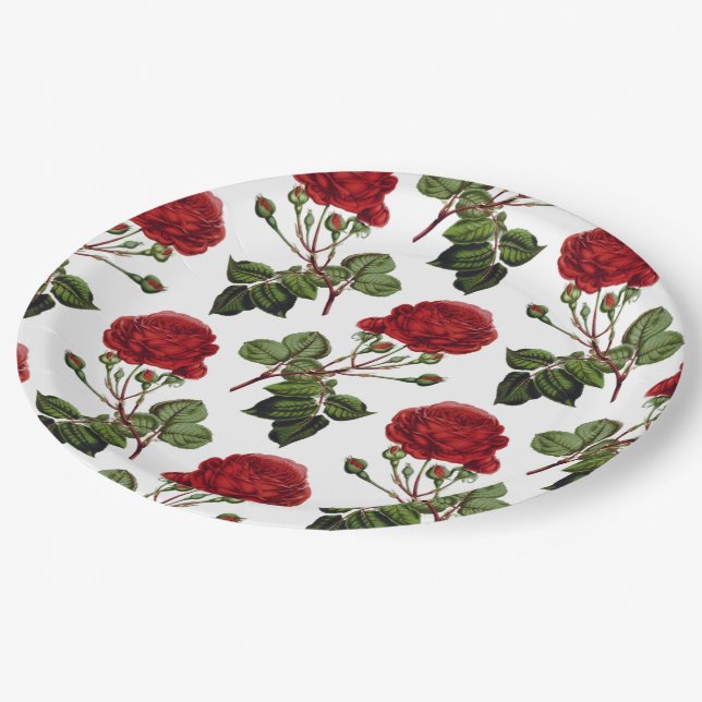 Assiettes En Carton Beau motif rose rouge (Angle)