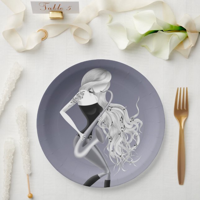 Assiettes En Carton Beau musicien saxophoniste Grey Monochrome (Mariage)