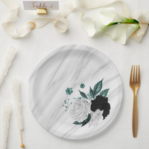 Assiettes En Carton Beau noir blanc turquoise fleurs marbre