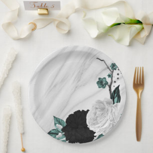 Assiettes En Carton Beau noir blanc turquoise fleurs marbre