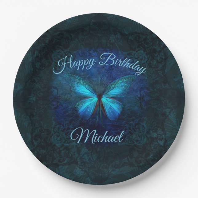 Assiettes En Carton Beau Papillon Bleu Anniversaire (Devant)