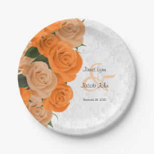 Assiettes En Carton Beau Rose orange et Mariage damassé blanche