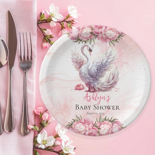 Assiettes En Carton Beau Swan rose Floral Baby shower fille (Beautiful Swan Pink Floral Peonies Girl Baby Shower Paper Plates)