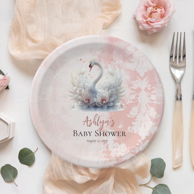 Assiettes En Carton Beau Swan rose Floral Damask Girl Baby shower (Beautiful Swan Pink Lotus Flowers Floral and Damask Girl Baby Shower Paper Plates)
