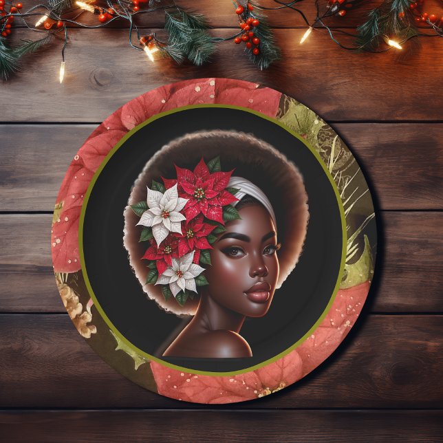 Assiettes En Carton Beauté afro-américaine avec Poinsettias (Créateur téléchargé)