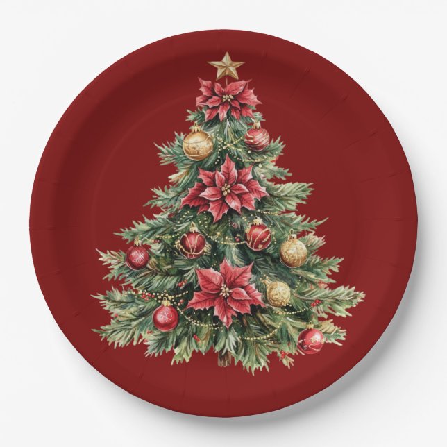 Assiettes En Carton Beautiful Pine Tree Red Christmas  (Devant)
