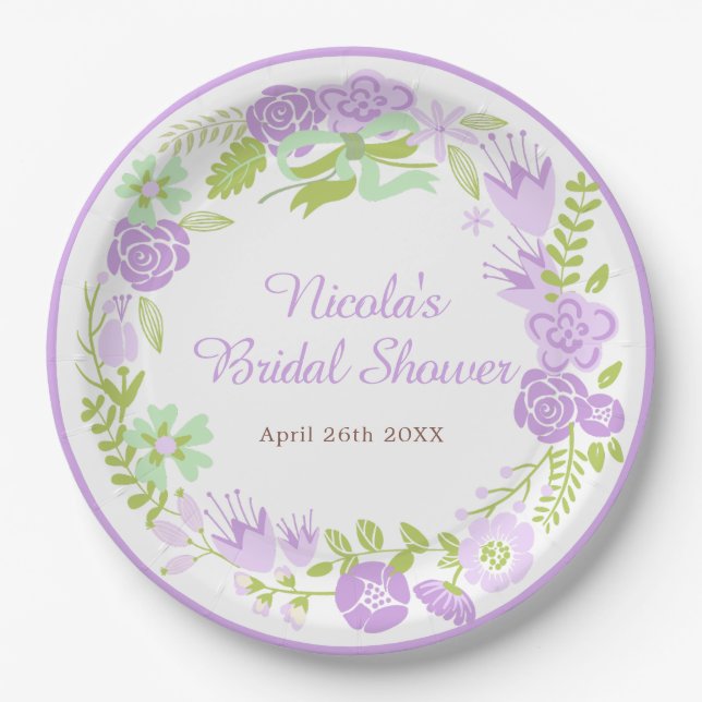 Assiettes En Carton Beautiful Purple Floral Wreath Bridal Shower (Devant)