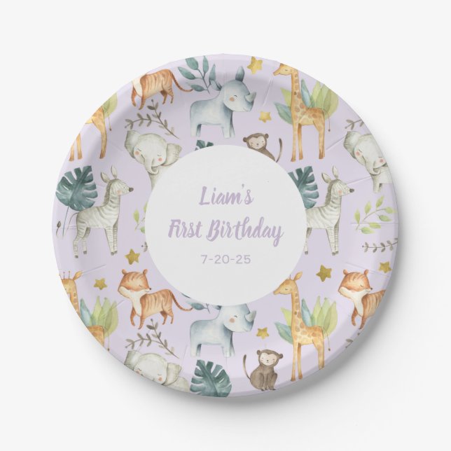 Assiettes En Carton Beaux animaux safari violet fille 1er anniversaire (Devant)