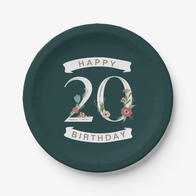 Assiettes En Carton Beaux chiffres floraux 20e anniversaire (Devant)