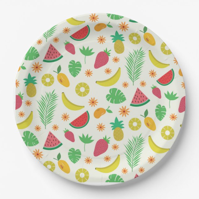 Assiettes En Carton Beaux fruits d'été et motif feuille tropical (Devant)