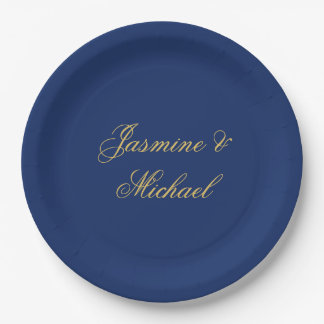 Assiettes En Carton Beaux Noms De Couple Calligraphie Chic Bleu Et Or