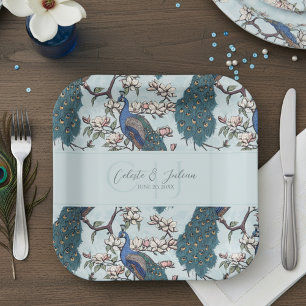 Assiettes En Carton Beaux Peacocks Bleus & Fleurs Magnolia Bleu