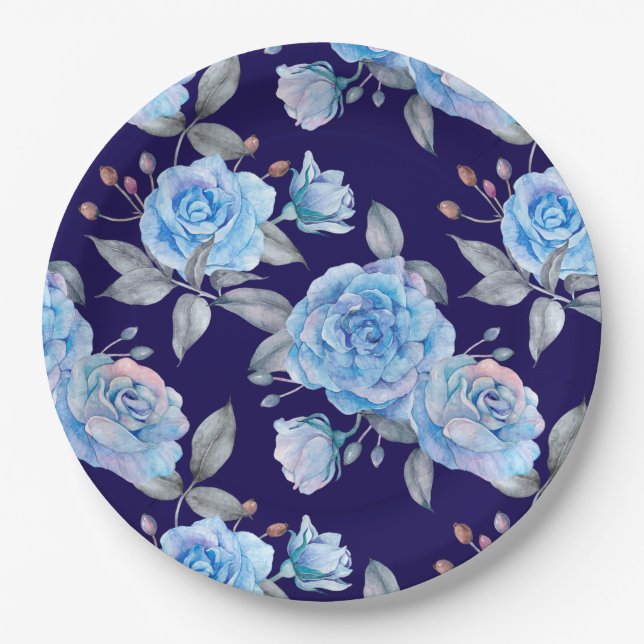 Assiettes En Carton Beaux roses bleus, arrière - plan bleu marine, (Devant)