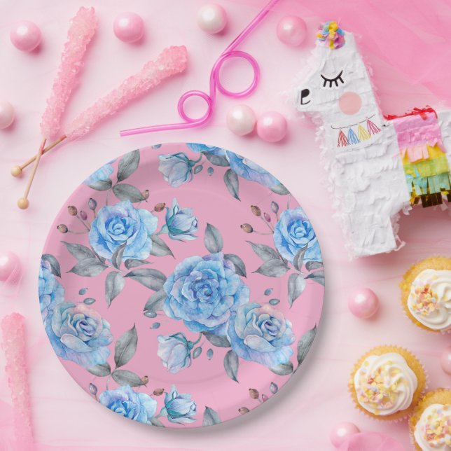Assiettes En Carton Beaux roses bleus, arrière - plan rose pastel, (Fête)