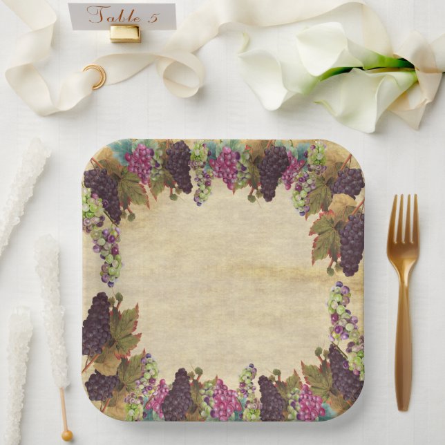 Assiettes En Carton Beaux Vieux Vignes de Raisin Rustique  (Mariage)
