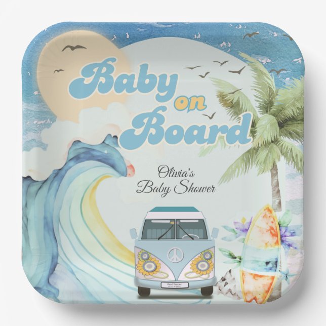 Assiettes En Carton Bébé à bord Baby shower de plage Retro Surfing (Recto)