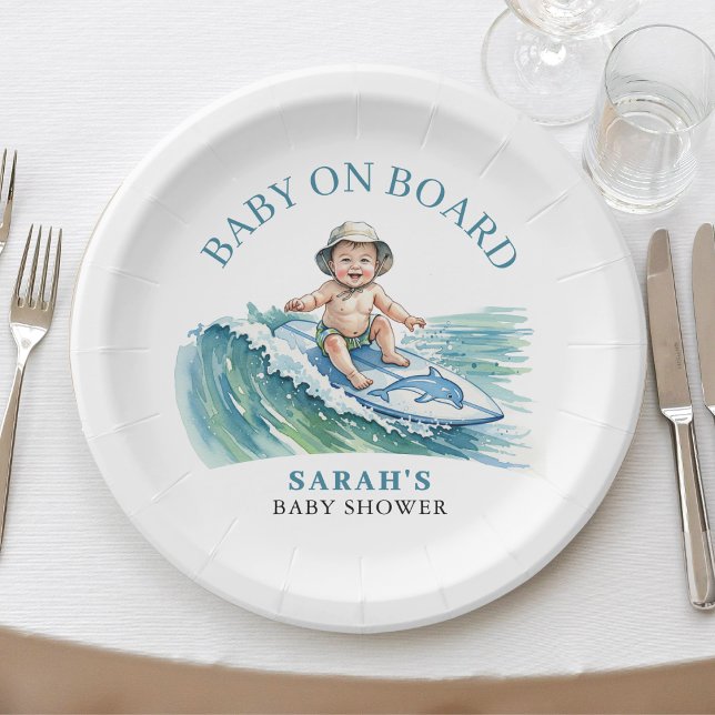 Assiettes En Carton Bébé à bord Baby shower de surf aquarelle (Baby on Board Watercolor Surfing Baby Shower Paper Plates
)