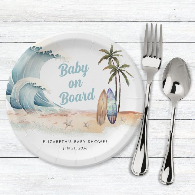 Assiettes En Carton Bébé À Bord Du Baby shower De Surf De Plage (Créateur téléchargé)