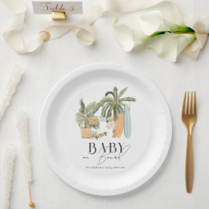 Assiettes En Carton Bébé à bord Palm Tree Surfboard Baby shower