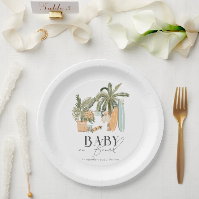 Assiettes En Carton Bébé à bord Palm Tree Surfboard Baby shower (Mariage)