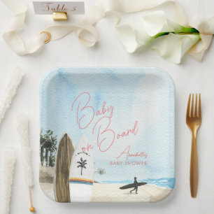 Assiettes En Carton Bébé à Bord Planche de Surf Plage Rose Baby Shower