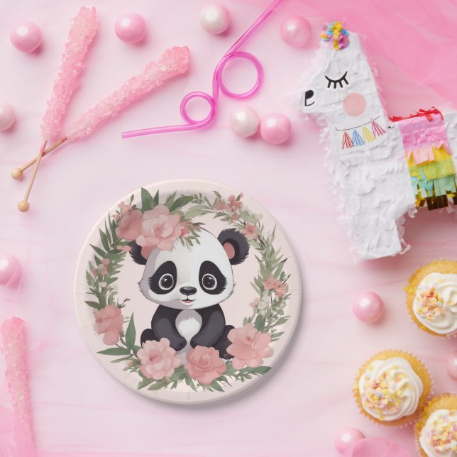 Assiettes En Carton Bébé adorable Panda Ours avec fleurs (Fête)