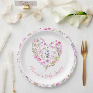 Assiettes En Carton Bébé au coeur rose fleuri dans le Baby shower en f