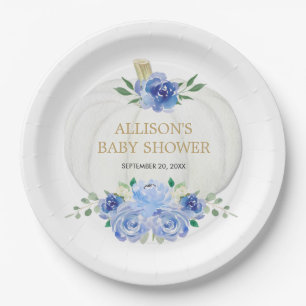 Assiettes En Carton Bébé bleu blanc fleuri citrouilles blancs