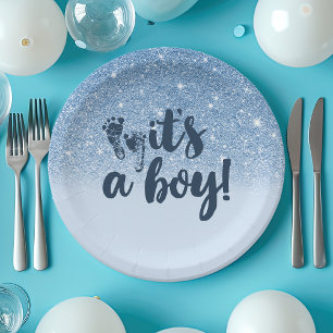 Assiettes En Carton Bébé Bleu Clair Paillettes Ombré C'est Un Garçon