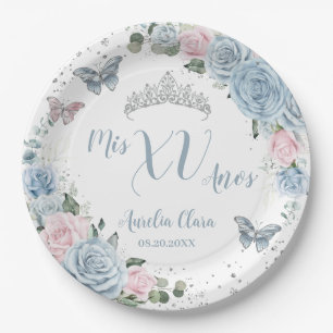Assiettes En Carton Bébé bleu clair rose papillon floral Quinceañera