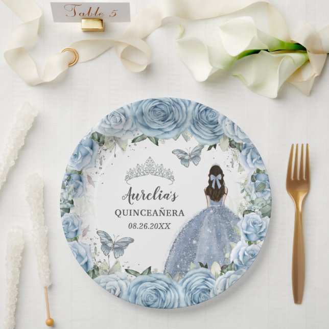 Assiettes En Carton Bébé Bleu Doux Papillons Floraux Princesse Argent (Mariage)