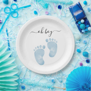 Assiettes En Carton Bébé bleu pieds Baby shower Affiche de bienvenue b