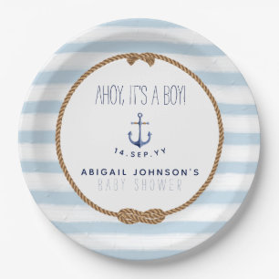Assiettes En Carton Bébé Bleu Rustique Nautique Ahoy Baby shower garço