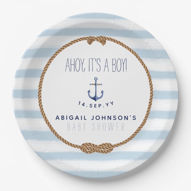 Assiettes En Carton Bébé Bleu Rustique Nautique Ahoy Baby shower garço (Devant)