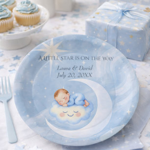 Assiettes En Carton Bébé bleu shower lune étoile mignon bébé endormi