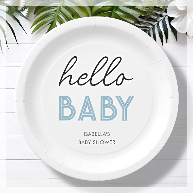 Assiettes En Carton Bébé Bonjour bleu | Plaque de papier Baby shower (Créateur téléchargé)