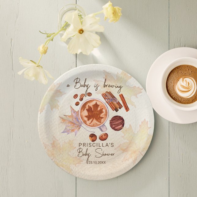 Assiettes En Carton Bébé brasse automne baby shower (Baby is brewing fall autumn coffee baby shower monogrammed custom paper plates personalized decor )