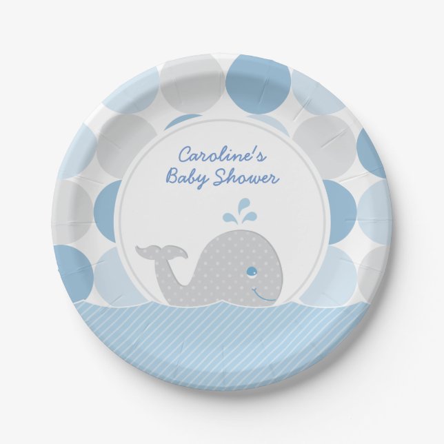 Assiettes En Carton Bébé de baleine Mod Douche garçon Bleu et gris (Devant)