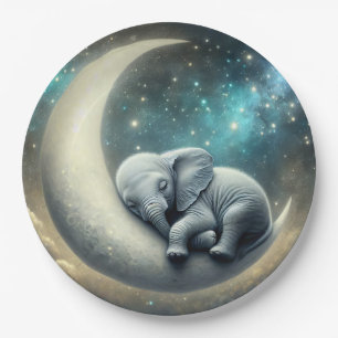 Assiettes En Carton Bébé Eléphant Dormir Sur Crescent Moon