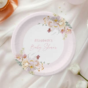 Assiettes En Carton Bébé en Fleur Baby shower floral rose pâle