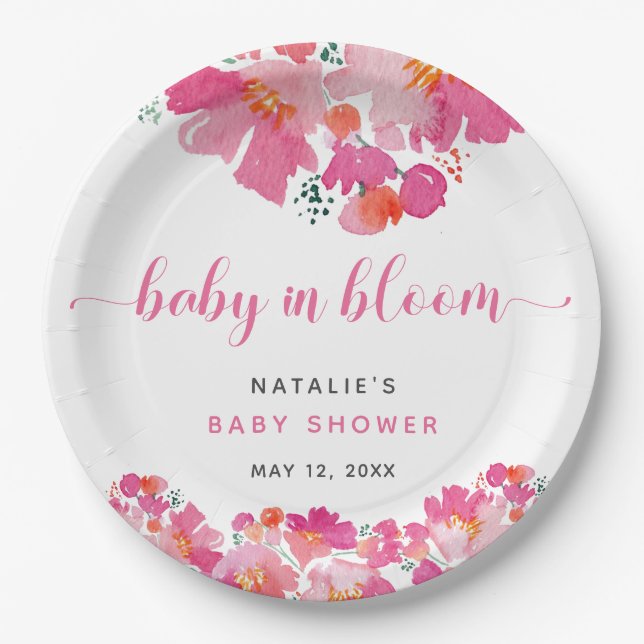 Assiettes En Carton Bébé en Fleur Baby shower rose Floral Aquarelle (Devant)